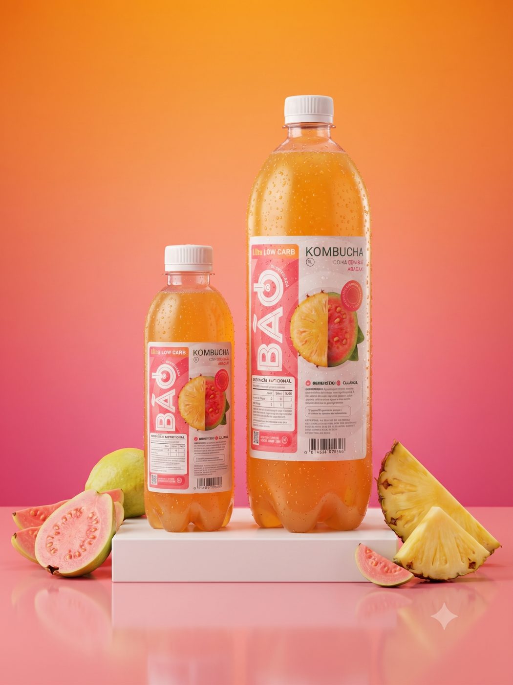 Garrafas de Kombucha Bão Goiaba & Abacaxi de 300ml e 1 litro lado a lado