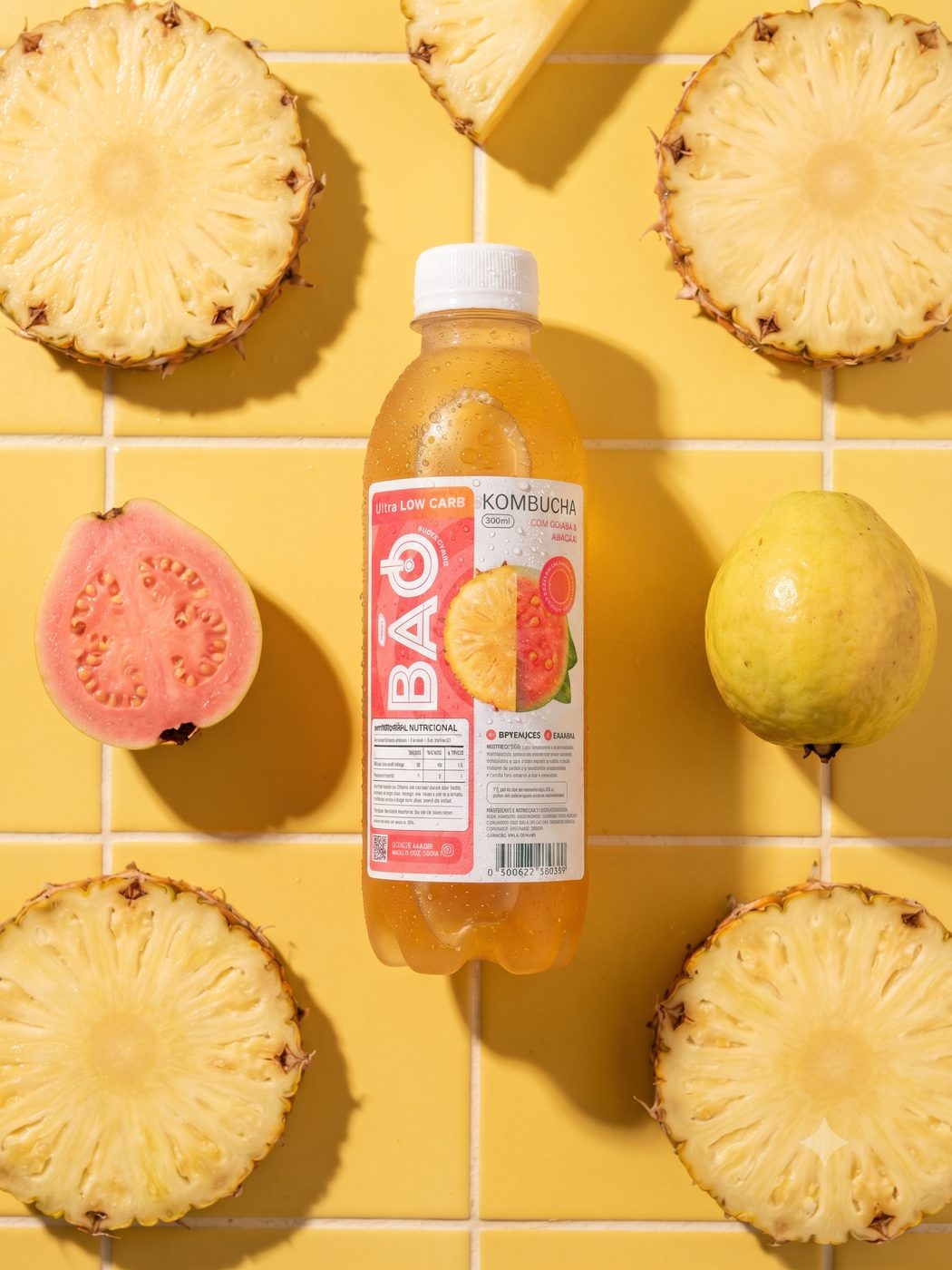 Kombucha Bão Goiaba & Abacaxi entre abacaxis e goiabas sobre fundo amarelo