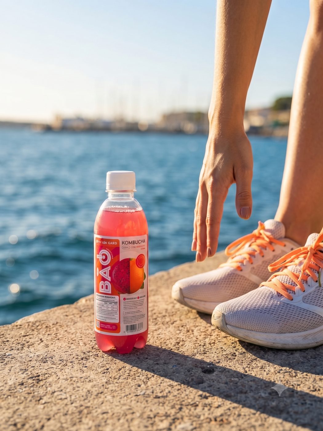 Kombucha Bão Tangerina & Pitaya à beira-mar, ao lado de tênis de corrida