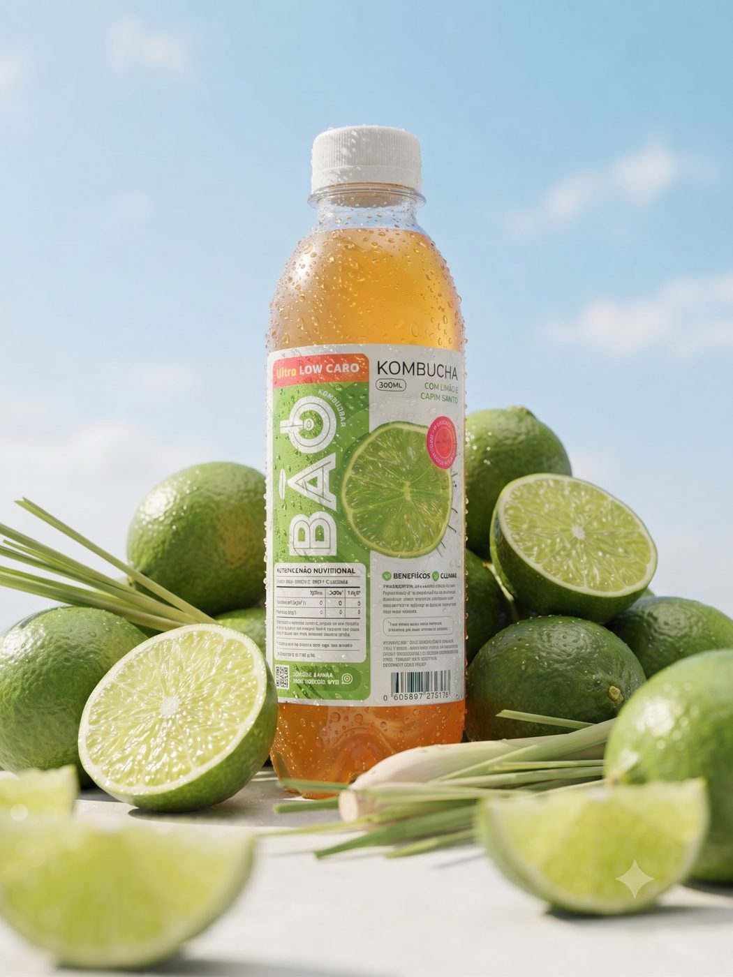 Kombucha Bão Limão & Capim Santo com limões e capim santo