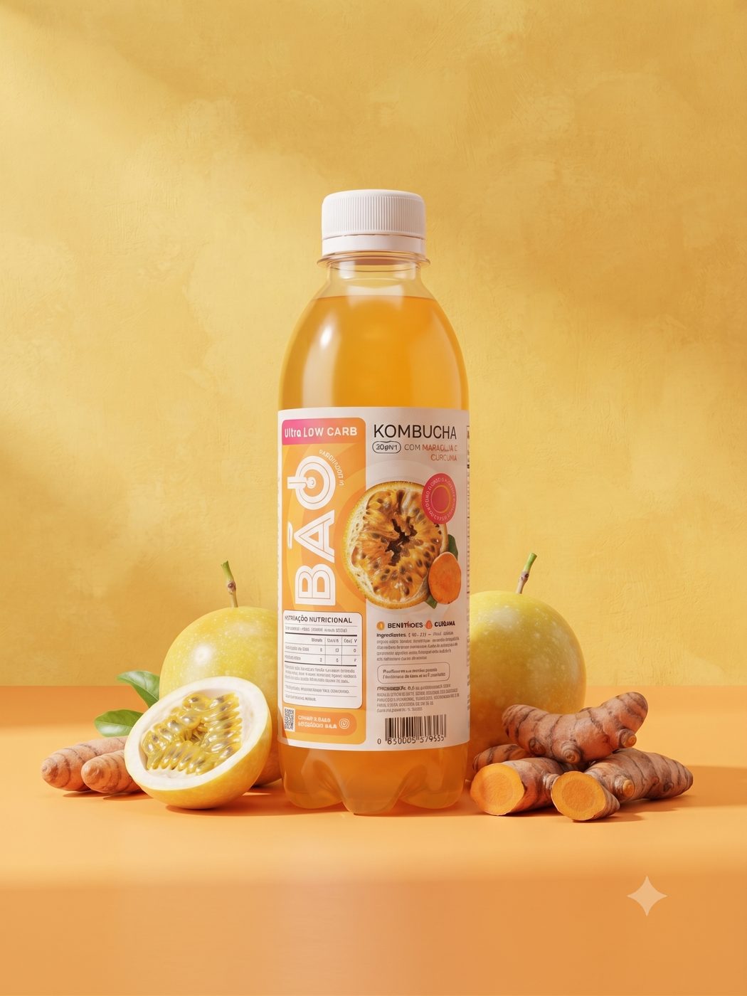 Kombucha Bão Maracujá & Cúrcuma com maracujás e cúrcuma fresca