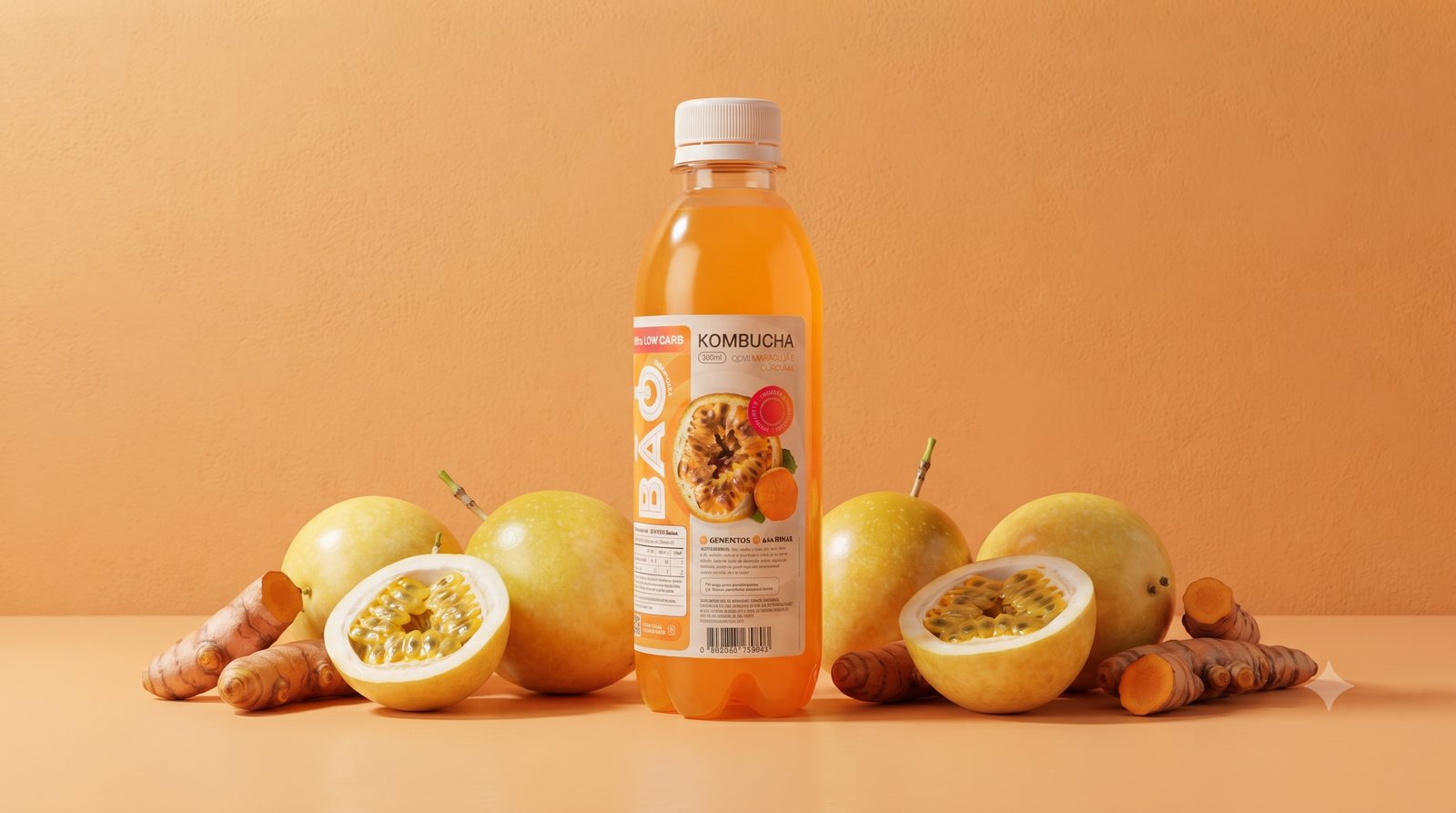 Kombucha Bão Maracujá & Cúrcuma com maracujás e cúrcuma em cena ampla