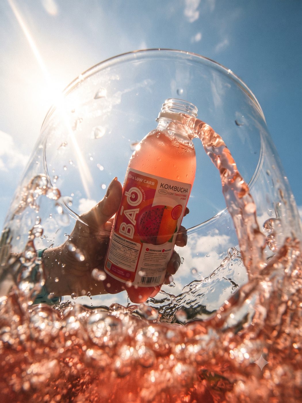 Kombucha Bão Tangerina & Pitaya sendo servida contra o céu, com respingos vivos