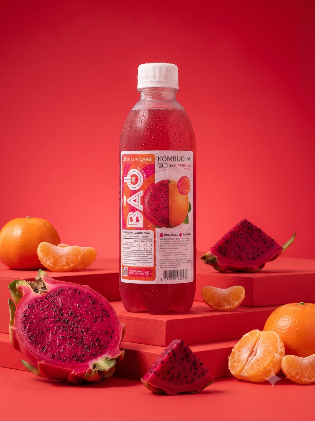 Kombucha Bão Tangerina & Pitaya — garrafa com pitaya e tangerina sobre fundo magenta